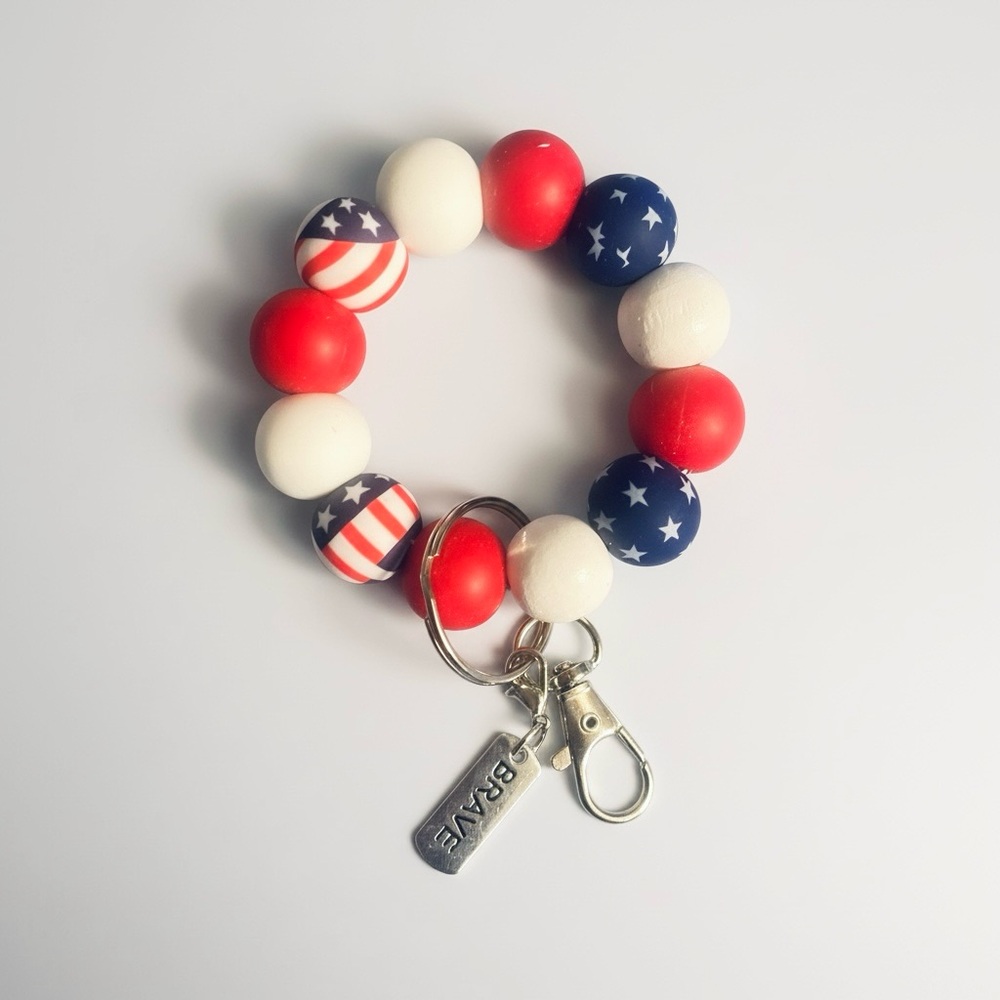Patriotic Beaded Keychain | USA Red White Blue | “BRAVE” Charm